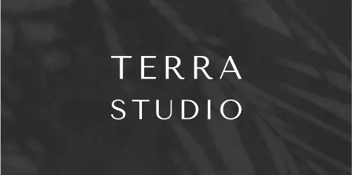 Terra Studio letter logo overlayed over black and white ground with shadows background